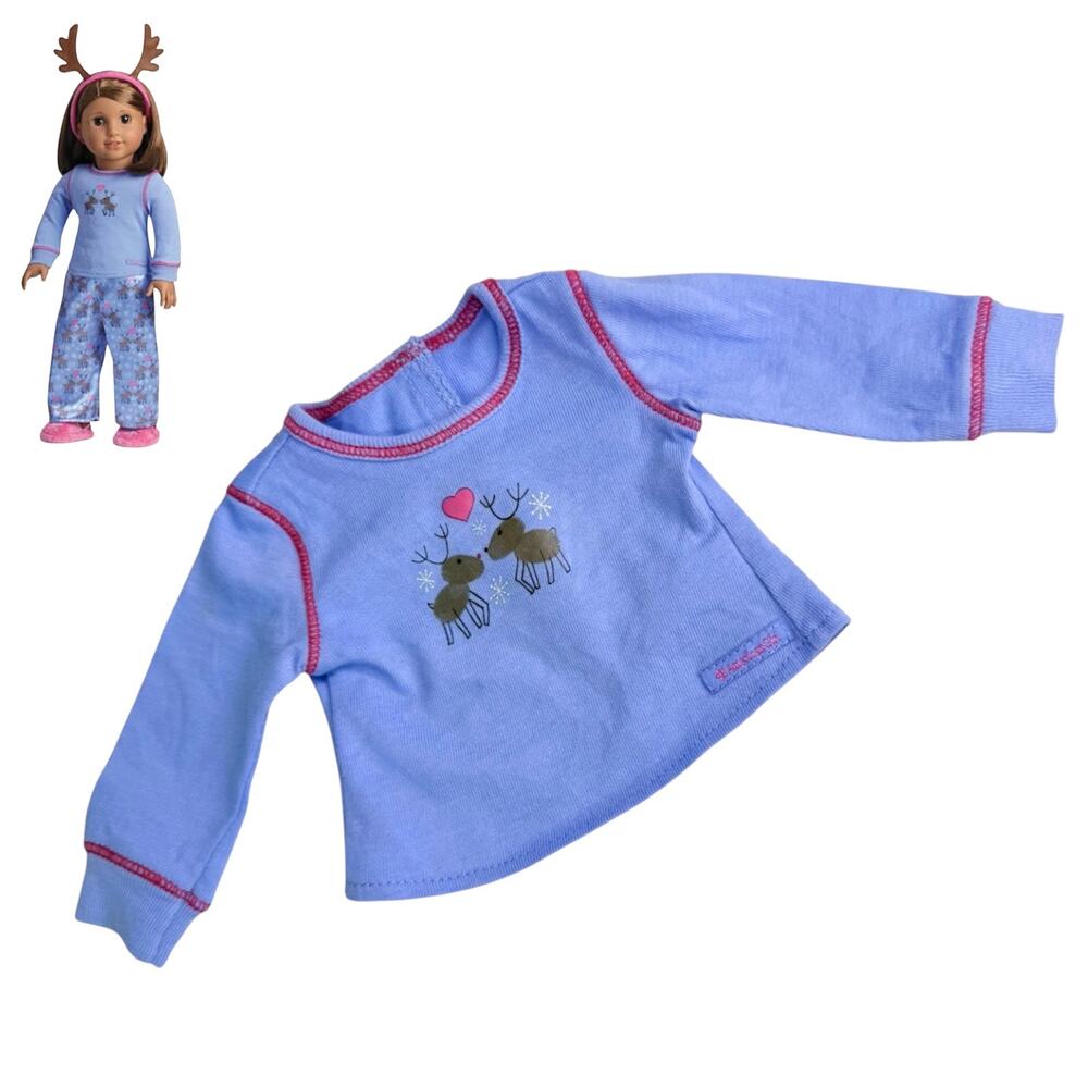American Girl Christmas Pjs Top Reindeer Pajamas Doll Shirt Blue Long Sleeve Tee